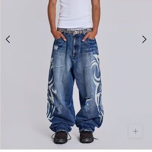 Jaded London Blue Relaxed Men's Jeans with White Patterns